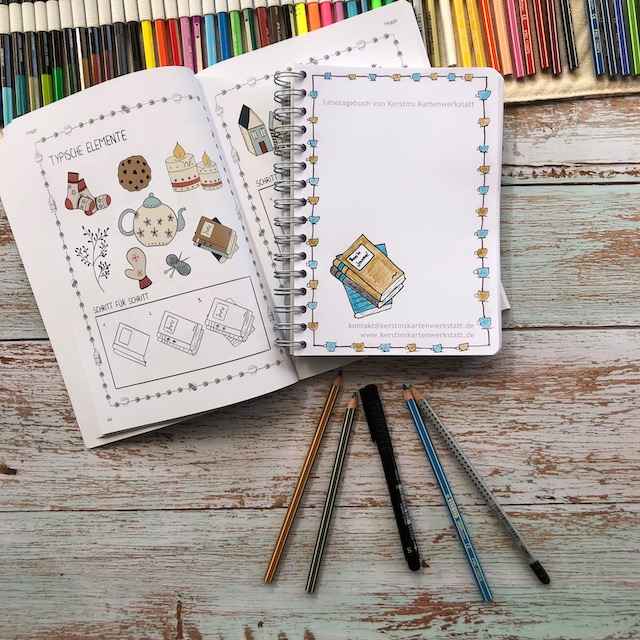 Beitragsbild zur Buchrezension von Schmuckelemente für Handlettering, Bullet Journal & Co von Michaela von Kessel aus dem mitp Verlag. Zusehen ist unter anderem das Buchcover und eine gestaltete Seite von meinem Book Journal mit Schmuckelementen aus dem Buch.