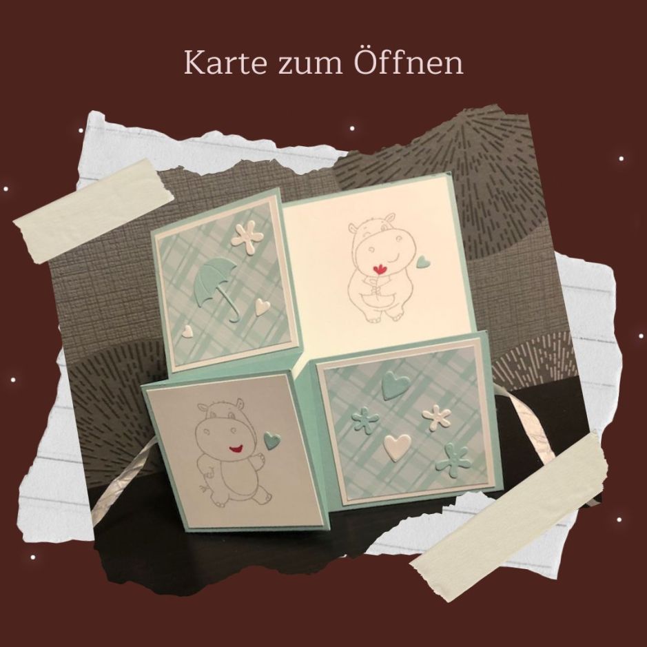 Quadratische Karte zum Aufklappen mit gestempelten Nilpferden aus Materialien von Stampin Up