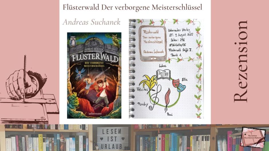 Beitragsbild zur Rezension vom Kinder- und Jugendbuch: Flüsterwald Der verlorene Meisterschlüssel von Andreas Suchanek erschienen im Ueberreuter Verlag. Zu sehen ist das Cover und Sketchnotes zum Buch