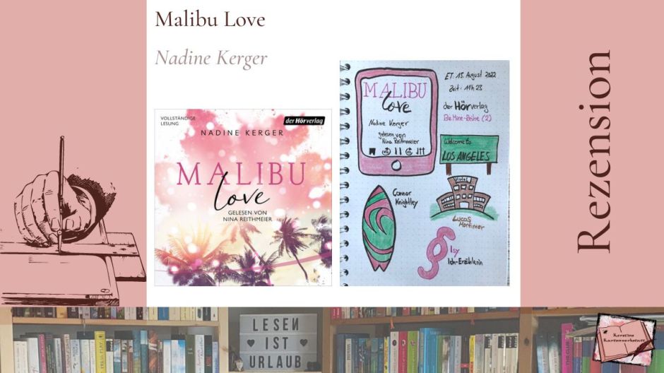 Beitragsbild zur Rezension vom Hörbuch: Malibu Love von Nadine Kerger gelesen von Nina Reithmeier erschienen im der Hörverlag. Zusehen sind das Cover und Sketchnotes zum Liebesroman