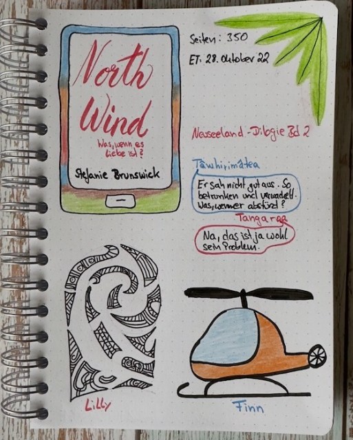 Sketchnotes zur Rezension vom zweiten Teil der Neuseland Dilogie: North Wind von Stefanie Brunswick