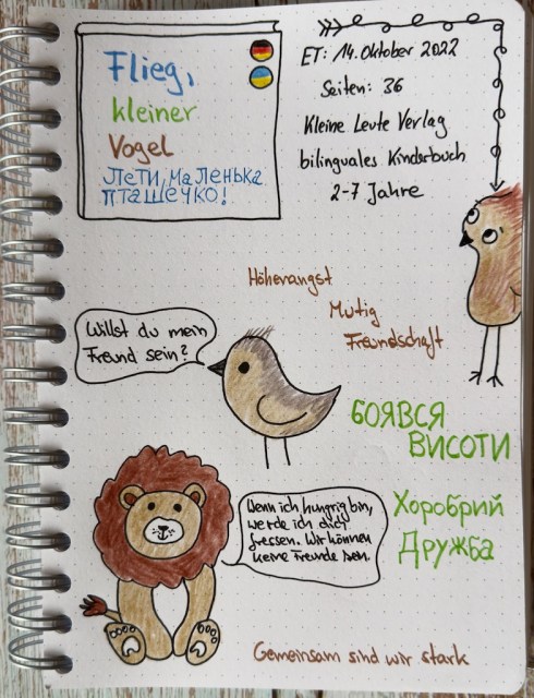 Sketchnotes zum bilingualen Kinderbuch: Flieg kleiner Vogel von Ingo Blum aus dem Kleine Leute Verlag