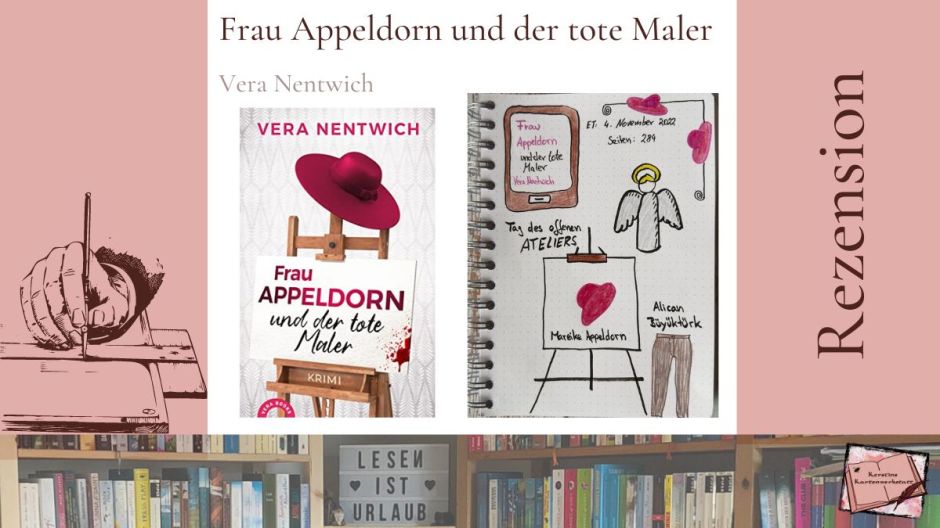 Beitragsbild mit Sketchnotes zum Krimi: Frau Appeldorn und der Tote Maler von Vera Nentwich