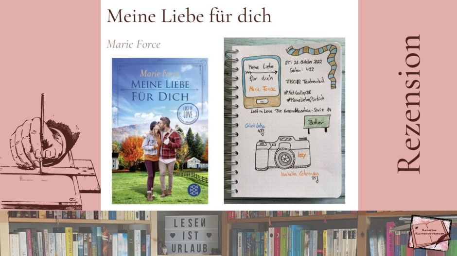 Beitragsbild mit Sketchnotes zum Liebesroman: Meine Liebe für dich von Marie Force. Der 14. Band der Lost in Love Die Green-Mountain-Serie ist bei Fischer Taschenbuch erschienen.