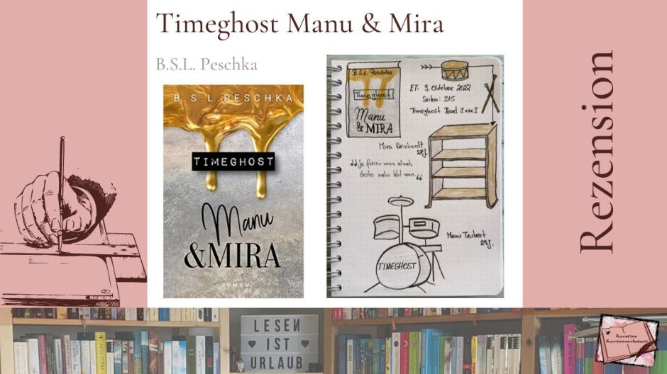 Beitragsbild mit Sketchnotes zum Liebesroman: Timeghost Manu und MIra von BSL Peschka