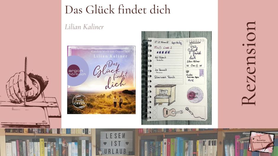 Beitragsbild zur Rezension vom Liebesroman: Das Glück findet dich von Lilian Kaliner aus dem Argon Verlag. Abgebildet ist das Cover vom Hörbuch und die Seite aus dem Lesetagebuch von Kerstin Cornils