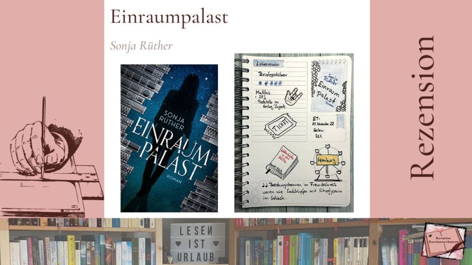 Buchcover und Sketchnotes zum Liebesroman: Einraumpalast von Sonja Rüther