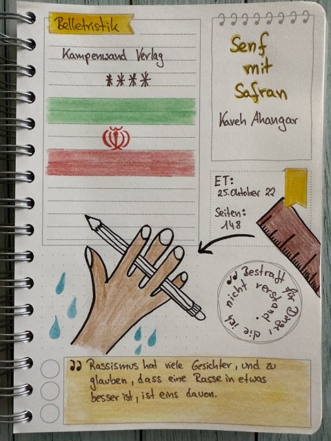 Sketchnotes zur Rezension von Senf mit Safran von Kaveh Ahangar erschienen im Kampenwand Verlag