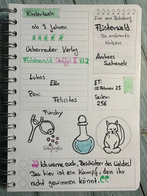 Sketchnotes zur Rezension vom Kinderbuch ab 9 Jahren: Flüsterwald: Eine neue Bedrohung - Die versteinerten Katzen von Andreas Suchanek Cover