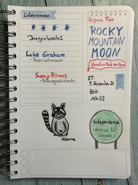 Sketchnotes zur Rezension vom Liebesroman: Rocky Mountain Moon von Virginia Fox erschienen bei Dragonbooks