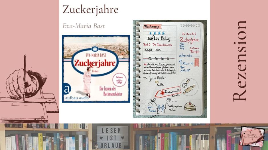 Cover und Sketchnotes zurm Hörbuch von Aufbau Audio: Zuckerjahre- Die Frauen der Backmanufaktur von Eva-Maria Bast