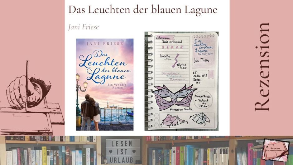 Beitragsbild mit Cover und Sketchnotes zur Rezension vom Liebesroman: Das Leuchten der blauen Lagune von Jani Friese