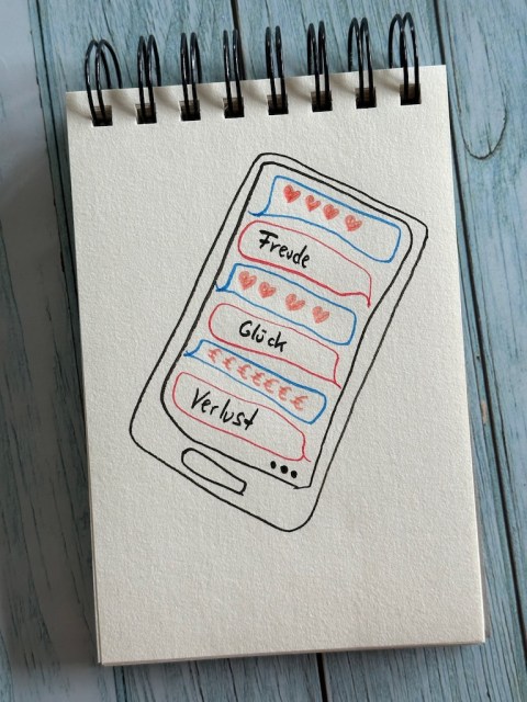 Gezeichnetes Smartphone mit einem Sprechblasen Dialog in Blau mit Herzen und Euro Zeichen und in rot mit den Worten: Freude, Glück, Verlust zum Thema Love Scamming zum Kriminalroman: Nordwestschuld von Svea Jensen aus dem Harper Collins Verlag