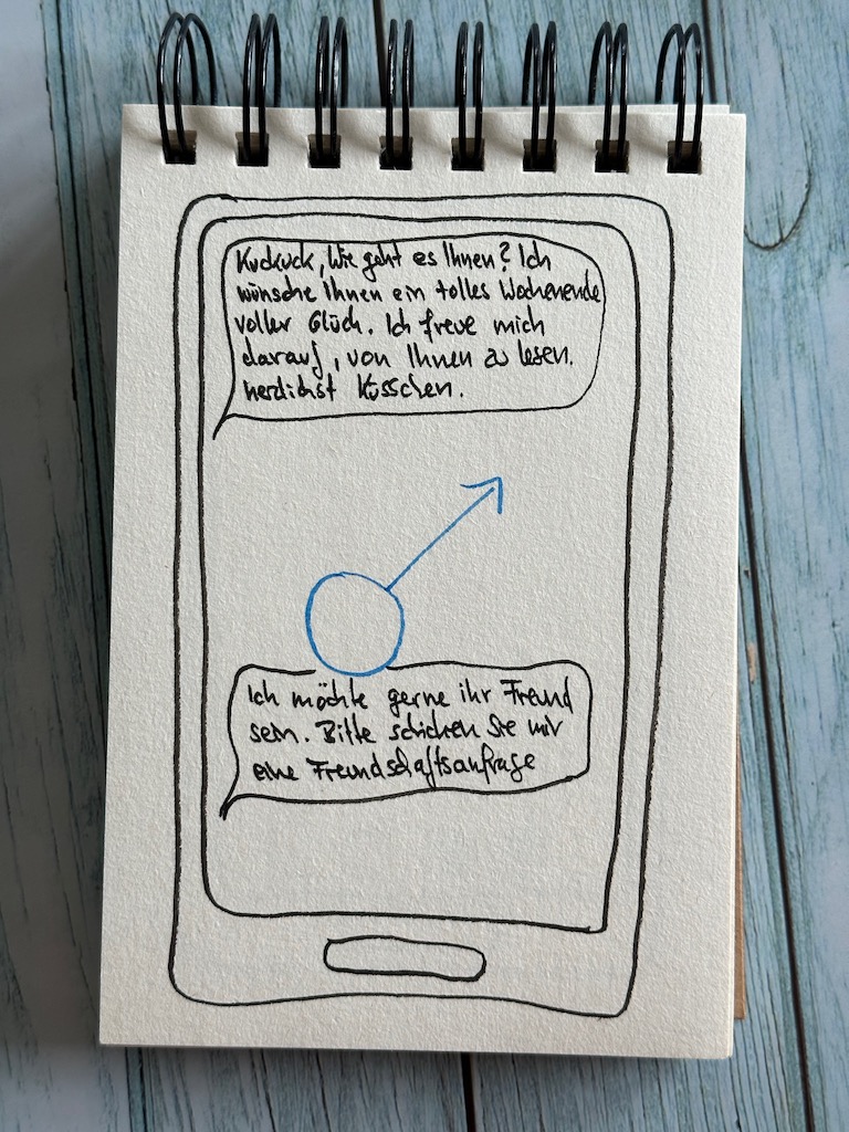 Gezeichnetes Smartphone mit einem Sprechblasen Dialog zum Thema Love Scamming zum Kriminalroman: Nordwestschuld von Svea Jensen aus dem Harper Collins Verlag