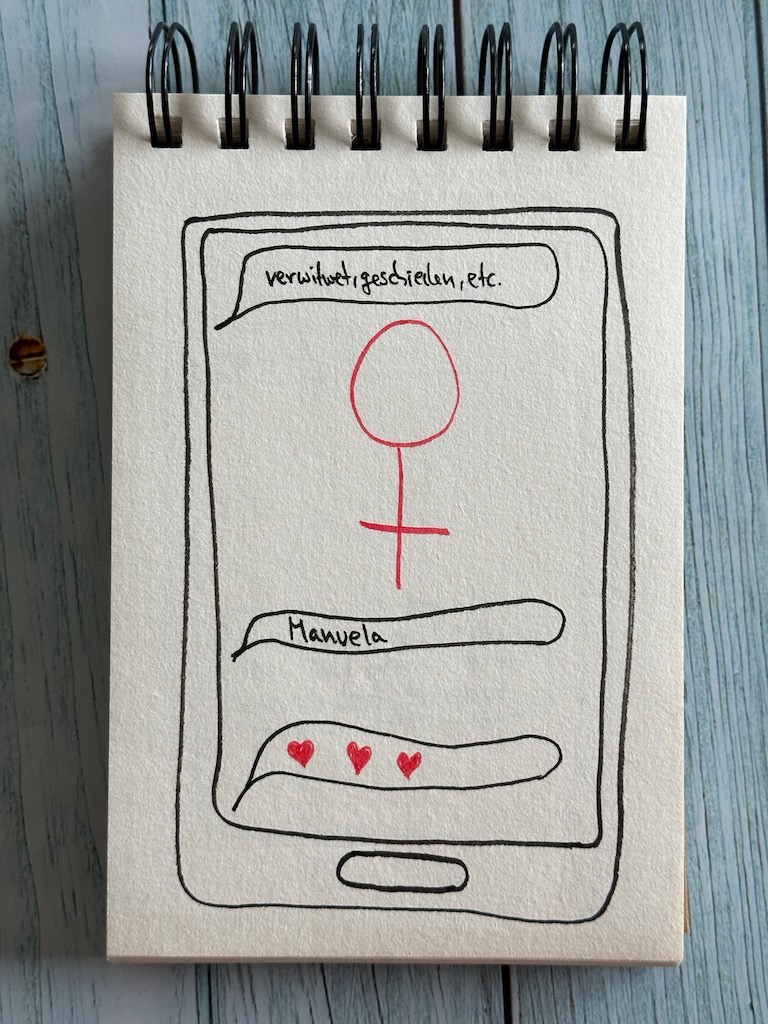 Gezeichnetes Smartphone mit einem Sprechblasen Dialog zum Thema Love Scamming zum Kriminalroman: Nordwestschuld von Svea Jensen aus dem Harper Collins Verlag