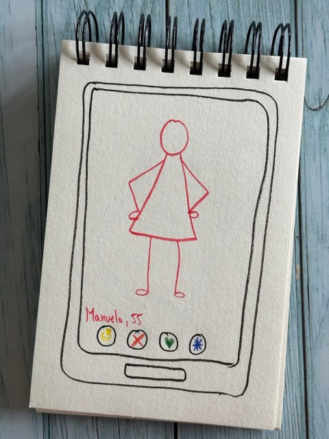 Gezeichnetes Smartphone mit einem weiblichen Strichmännchen Profil in einer Dating App zum Thema Love Scamming zum Kriminalroman: Nordwestschuld von Svea Jensen aus dem Harper Collins Verlag