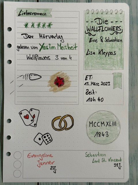 Sketchnotes zum Liebesroman: Die Wallflowers Evie und Sebastian von Lisa Kleypas erschienen im der Hörverlag, gesprochen von Yesim Meisheit