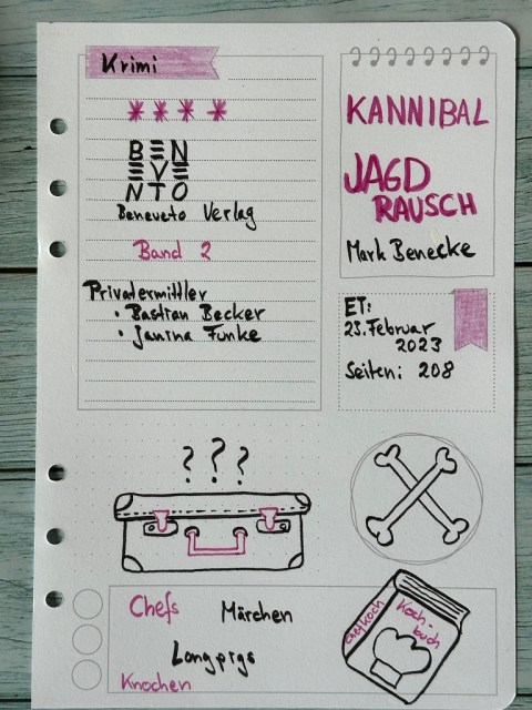 Sketchnotes zur Rezension vom Krimi: Kannibal Jagdrausch von Mark Benecke erschienen im Benevento Verlag