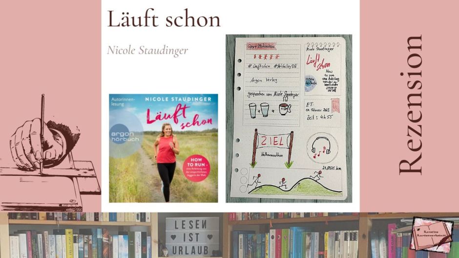 Cover und Sketchnotes zur Rezension vom Hörbuch: Läuft schon!: How to run - eine Anleitung von der unsportlichsten Joggerin der Welt von Nicole Staudinger
