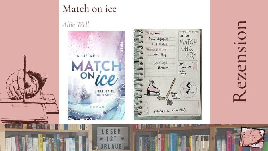 Beitragsbild mit Cover und Sketchnotes zur Rezension vom Liebesroman: Match on Ice Liebe, Spiel und Sieg von Allie Well erschienen im Piper Verlag