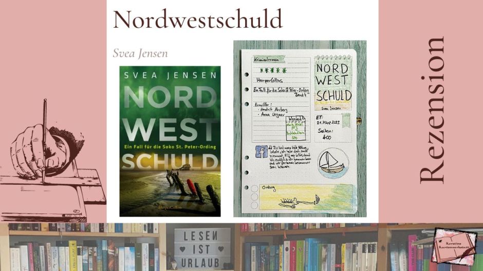 Cover und Sketchnotes zur Rezension vom Kriminalroman: Nordwestschuld von Svea Jensen aus dem Harper Collins Verlag