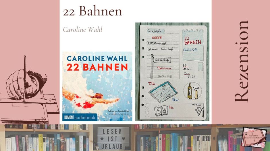 Cover und Sketchnotes zur Rezension vom Hörnbuch: 22 Bahnen von Caroline Wahl aus dem Dumont audiobook Verlag gesprochen von Carolin Haupt