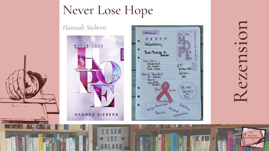 Beitragsbild mit Cover und Sketchnotes zur Rezension vom Liebesroman: Never Lose Hope von Hannah Siebern