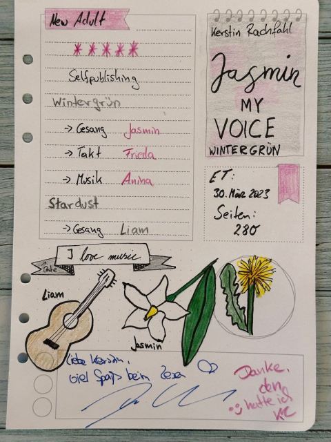 Sketchnotes zur Rezension vom New Adult Roman: Jasmin my Voice: Wintergrün von Kerstin Rachfahl, Selfpublishing