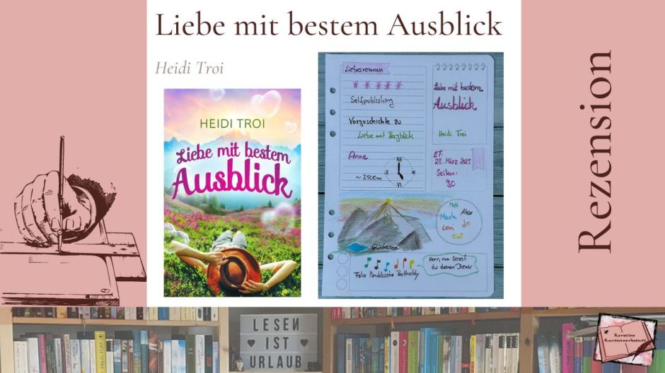 Beitragsbild mit Cover und Sketchnotes zur Rezension vom Liebesroman: Liebe mit bestem Ausblick von Heidi Troi