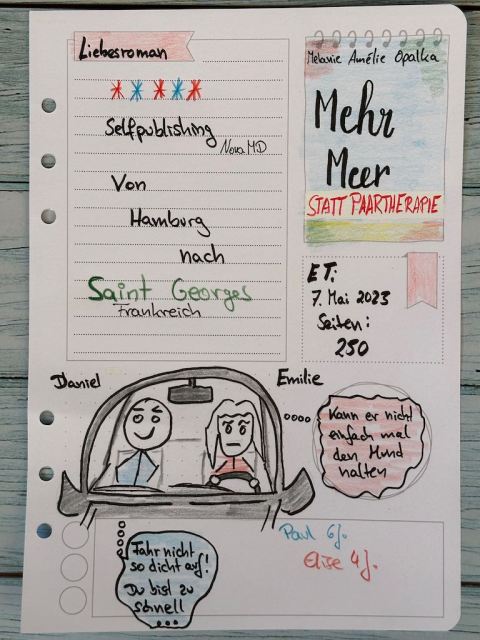 Sketchnotes zur Rezension vom Liebesroman: Mehr Meer statt Paartherapie von Melanie Amélie Opalka, Selfpublishing