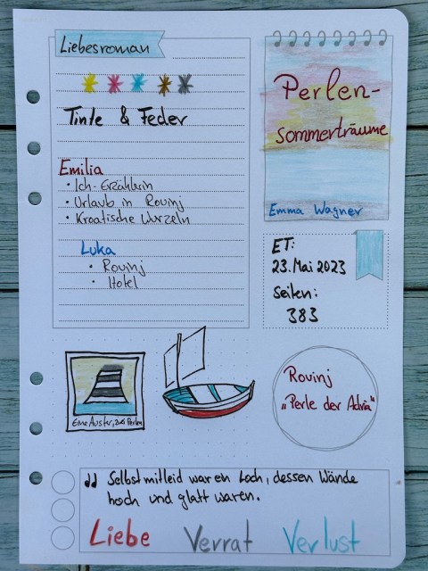 Sketchnotes zur Rezension vom Liebesroman: Perlensommerträume von Emma Wagner erschienen im Tinte und Feder Verlag