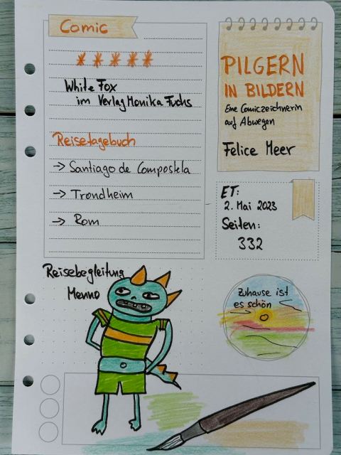 Sketchnotes zur Rezension vom Comic: Pilgern in Bildern Eine Comiczeichnerin auf Abwegen von Felice Meer aus dem Monika Fuchs Verlag