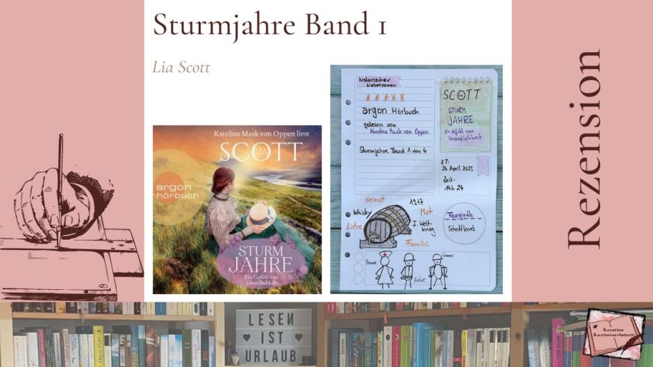 Hörbuchcover und Sketchnotes zur Rezension von: Sturmjahre: Ein Gefühl von Unendlichkeit von Lia Scott erschienen im Argon Verlag und eingelesen von Karoline Mask von Oppen