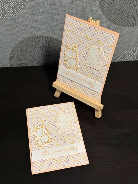 Alles Liebe zum Geburtstag wünschen zwei Hippos. Gebastelte Karte zum Geburtstag mit Material von Stampin Up