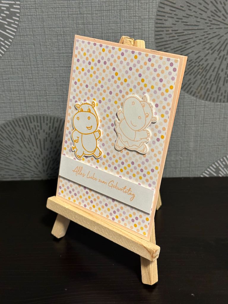 Alles Liebe zum Geburtstag wünschen zwei Hippos. Gebastelte Karte zum Geburtstag mit Material von Stampin Up
