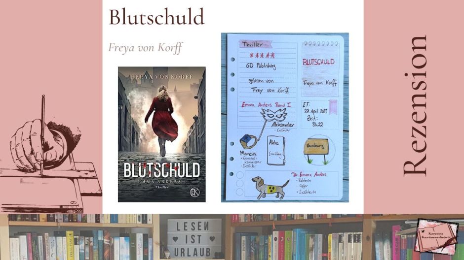 Cover und Sketchnotes zur Rezension vom Thriller: Blutschuld von Freya von Korff, eingelesen von der Autorin selbst
