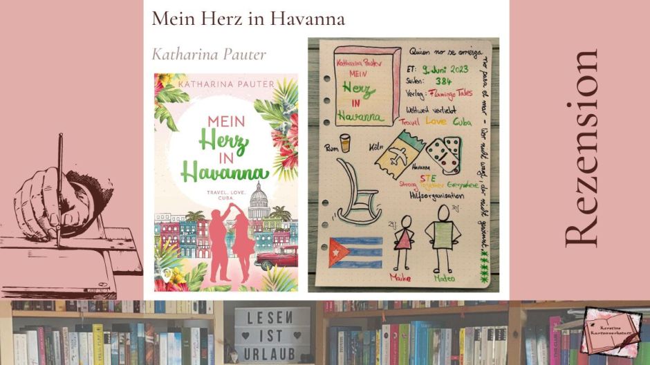Cover und Sketchnotes zur Rezension vom Liebesroman: Mein Herz in Havana von Katharina Pauter erschienen im Flamingo Tales Verlag