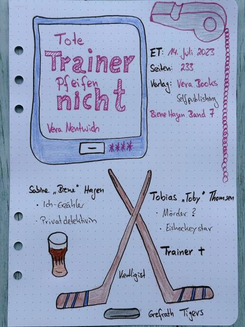 Sketchnotes zur Rezension vom Krimi: Tote Trainer pfeifen nicht von Vera Nentwich