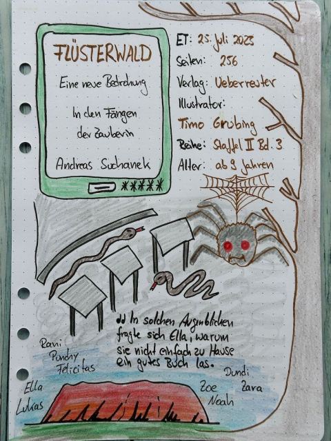 Sketchnotes zur Rezension vom Kinderbuch ab 9 Jahren: Flüsterwald: Eine neue Bedrohung. In den Fängen der Zauberin von Andreas Suchanek. 3. Band der 2. Staffel aus dem Ueberreuter Verlag.