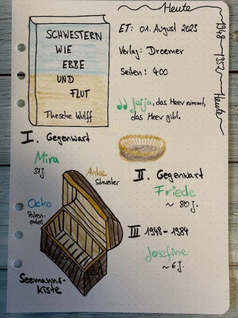Sketchnotes zur Rezension von der Familiengeschichte: Schwestern wie Ebbe und Flut von Thesche Wulff erschienen bei Droemer