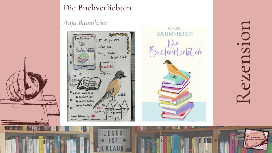 Buchcover und Sketchnotes zur Rezension vom Roman: Die Buchverliebten von Anja Baumheier aus dem Kindler Verlag