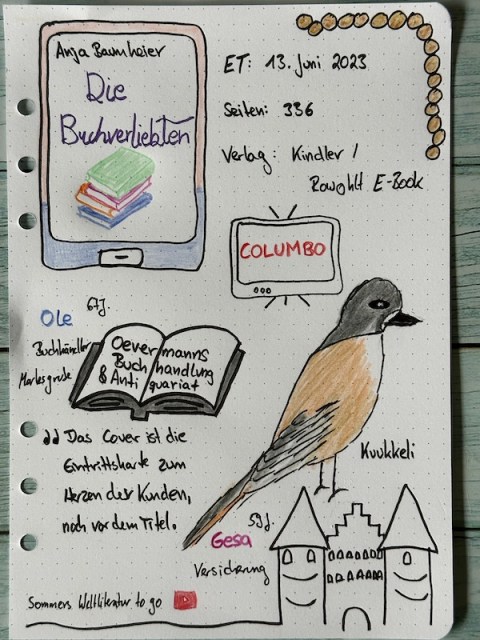 Sketchnotes zur Rezension vom Roman: Die Buchverliebten von Anja Baumheier aus dem Kindler Verlag