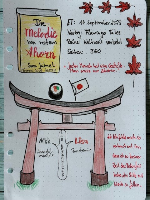 Sketchnotes zur Rezension vom Liebesroman: Die Melodie von rotem Ahorn von Sven Jähnel erschien im Flamingo Tales Verlag