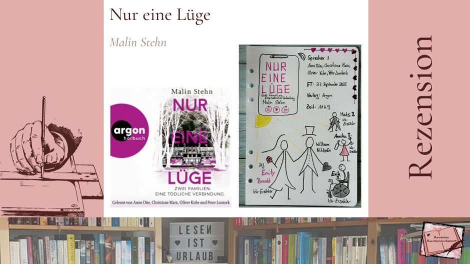 Beitragsbild mit Cover und Sketchnotes zur Rezension vom Hörbuch: Nur eine Lüge - Zwei Familien. Eine tödliche Verbindung von Malin Stehn erschienen im Argon Verlag, eingelesen von Anne Düe, Christiane Marx, Oliver Kube, Peter Lontzek