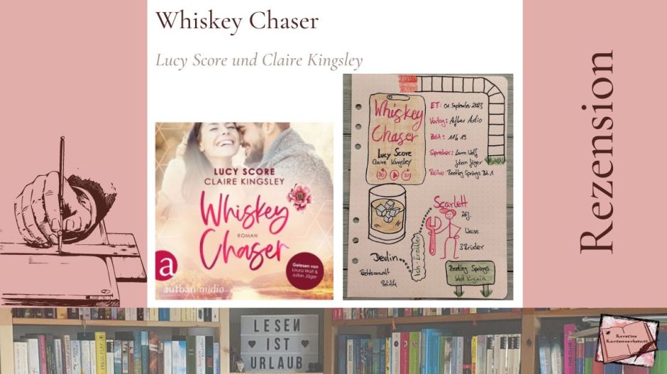 Beitragsbild mit Cover und Sketchnotes zur Rezension vom Hörbuch: Whisky Chaser von Lucy Score und Claire Kingsley erschienen im Aufbau Verlag eingesprochen von Laura Wolf und Julian Jäger