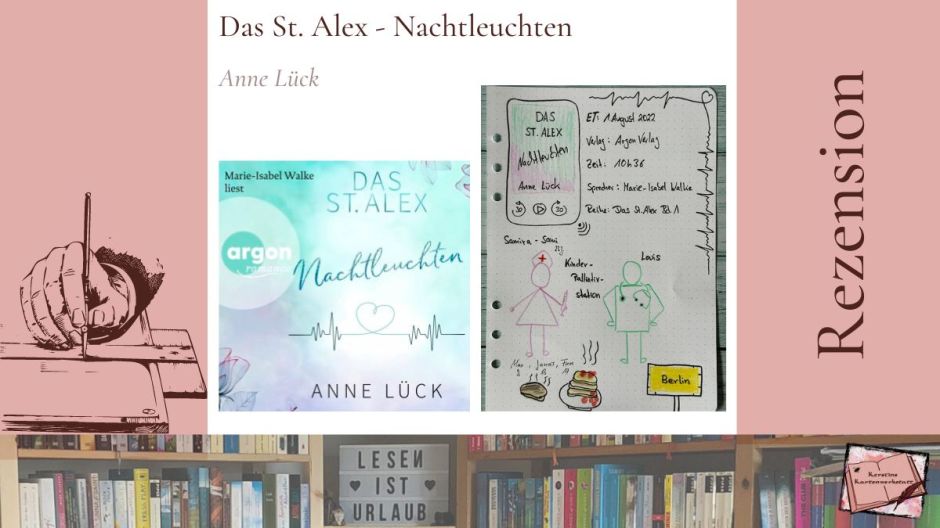 Cover und Sketchnotes zur Rezension vom Hörbuch: Das St. Alex Nachtleuchten von Anne Lück aus dem Argon Verlag. Es spricht Marie-Isabel Walke