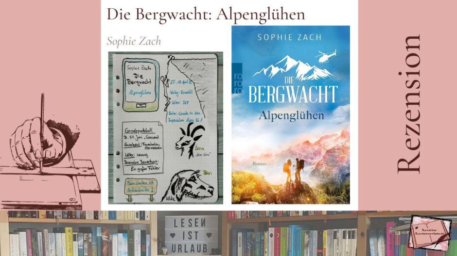 Beitragsbild mit Cover und Sketchnotes zur Rezension vom Roman: Die Bergwacht- Alpenglüchen von Sophie Zach erschienen im Rowholt Verlag
