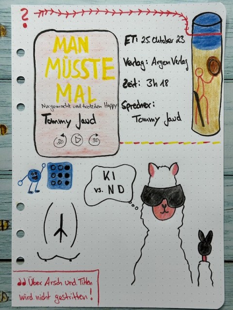 Sketchnotes von Kerstins Kartenwerkstatt zur Rezension vom Hörbuch: Man müsste mal - Nix gemacht und trotzdem happy von Tommy Jaud erschienen im Argon Verlag und eingesprochen vom Autor selbst.