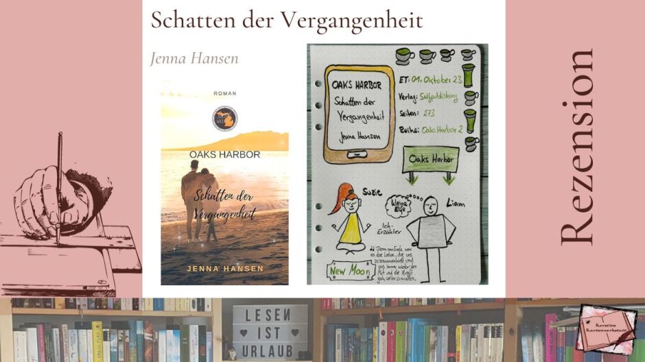 Beitragsbild mit Cover und Sketchnotes zur Rezension vom Liebesroman: Oaks Harbor: Schatten der Vergangenheit von Jenna Hansen