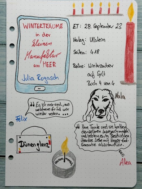 Sketchnotes zur Rezension vom Winterroman: Winterträume in der kleinen Manufaktur am Meer von Julia Rogasch erschienen im Ullstein Verlag